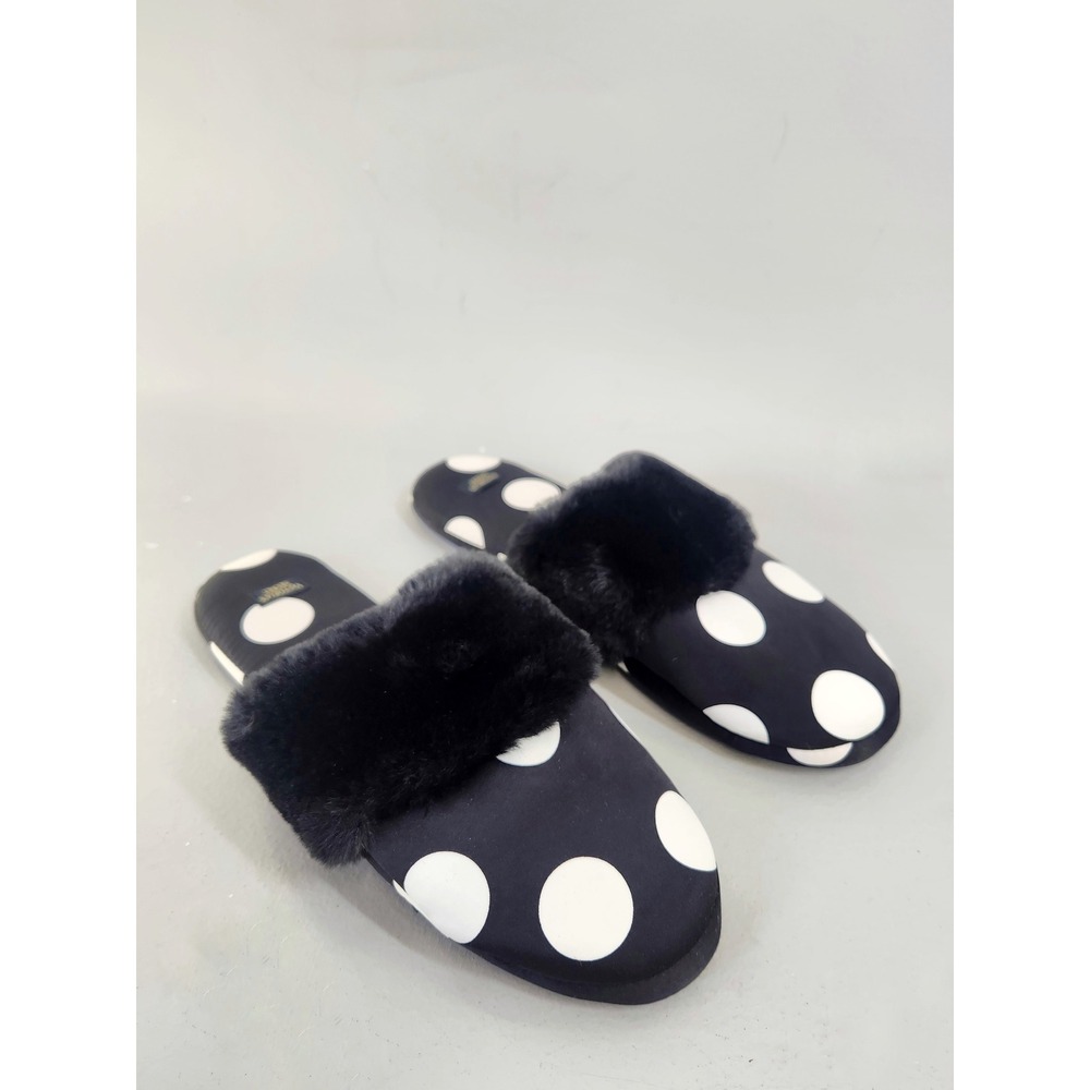 Victoria's Secret Slippers Women Large Black White Polka Dot Excellent Faux Fur